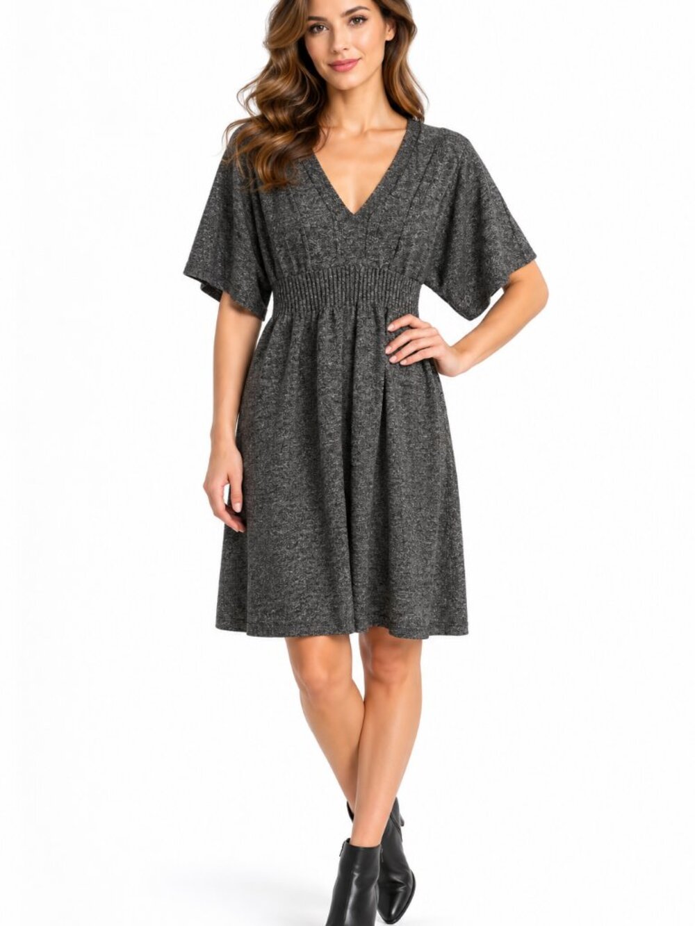 Max Studio Gray Knit V-Neck Empire Waist Dress